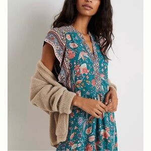 Anthropologie Teal Floral Mini Dress with Coral and Cream Accents